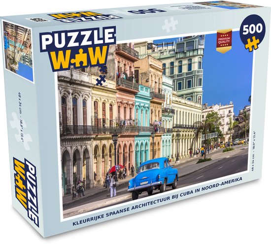 Boîte de puzzle avec une architecture espagnole colorée à Cuba et une voiture ancienne bleue.