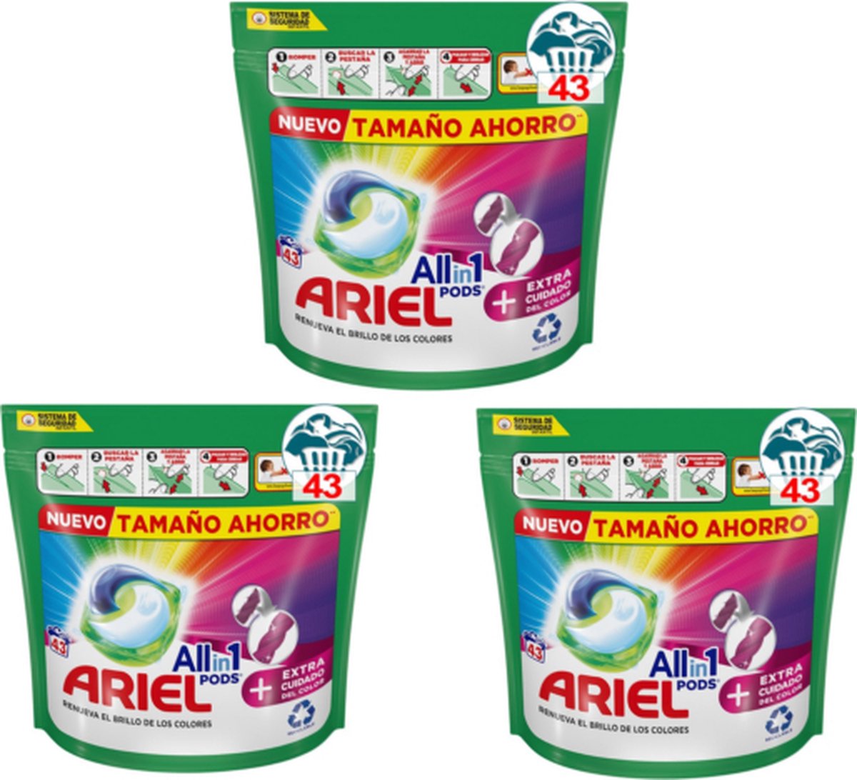 Ariel All In One Wasmiddel Pods - Vezelbescherming - 3x43 wasbeurten - Voordeelverpakking
