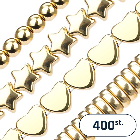 Kralen set voor Sieraden maken – Acryl Kralen goudkleurig – Sterretjes, Hartjes, Schijfjes en Ronde kralen - 400 stuks
