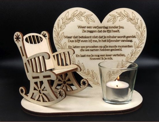 Waxine hart met schommelstoel 21x21cm Weer een verjaardag zonder jou
