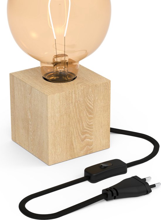 Calex Lampe de Table Carrée - Rétro ou industriel - 1x  E27 - câble avec interrupteur - Bois