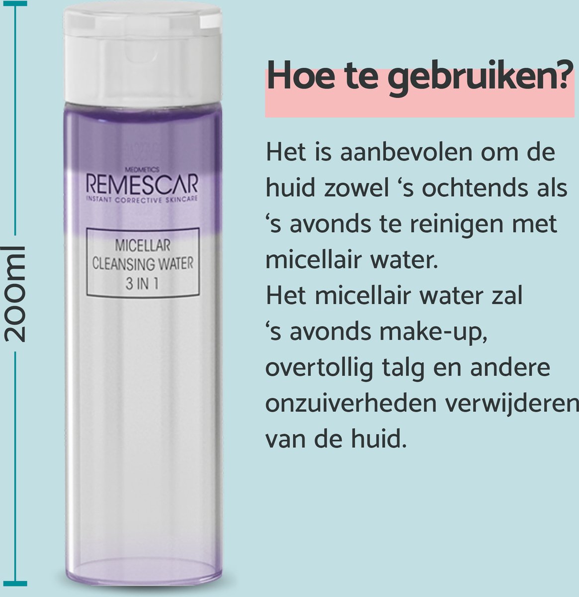 Remescar Micellair Water 3 in 1 - Gezichtsreiniger met vitamine C en Hyaluronzuur, Make Up Remover voor intensieve reiniging van de huid en verwijdering van onzuiverheden, Face Wash voor hydratatie en reiniging, 200 ml thumbnail 8