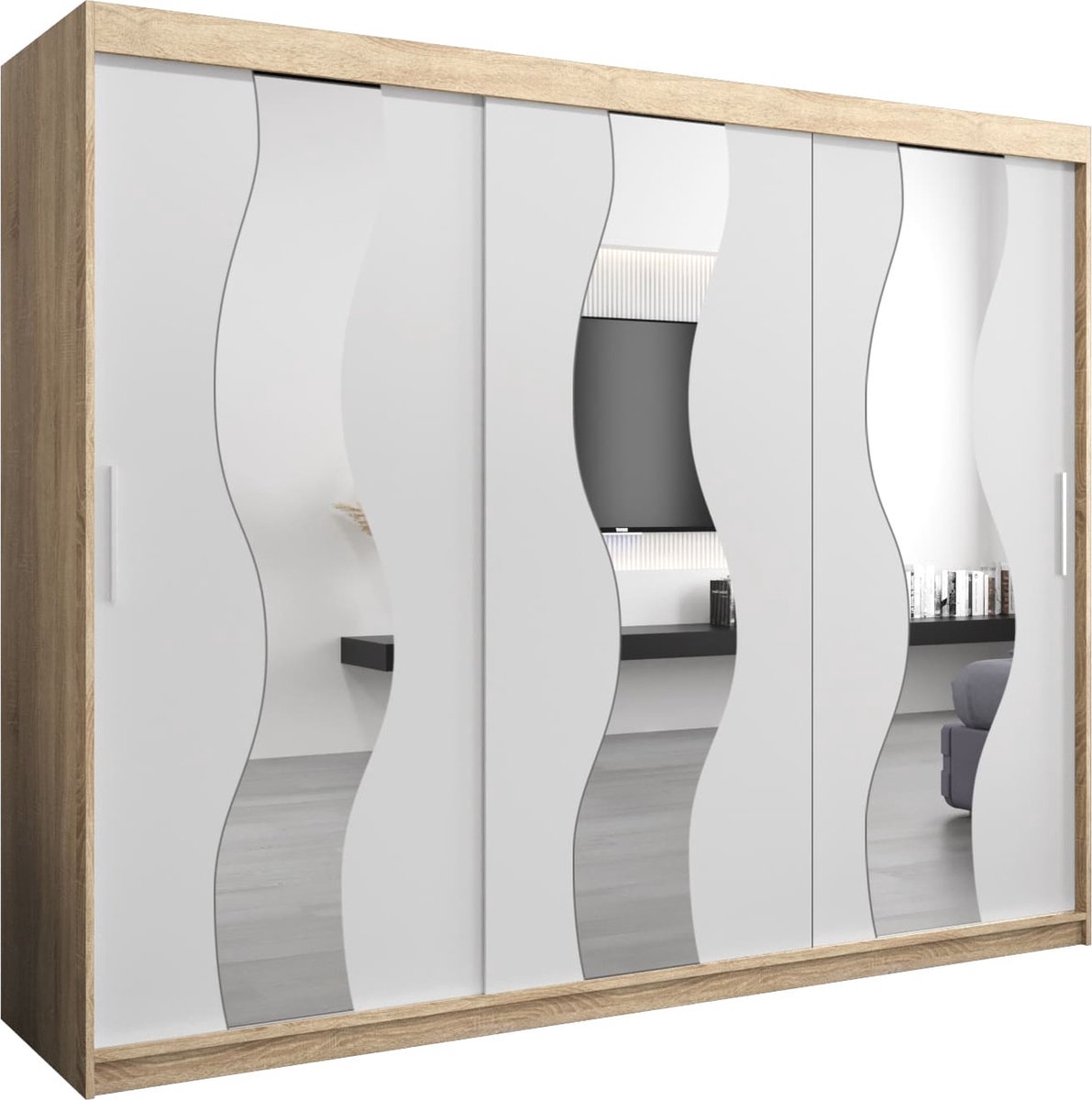 InspireME Kledingkast met 3 schuifdeuren, Modern-stijl, Een kledingkast met planken en een spiegel (BxHxD): 250x200x62 - REESE 250 Sonoma Eik + Wit Mat