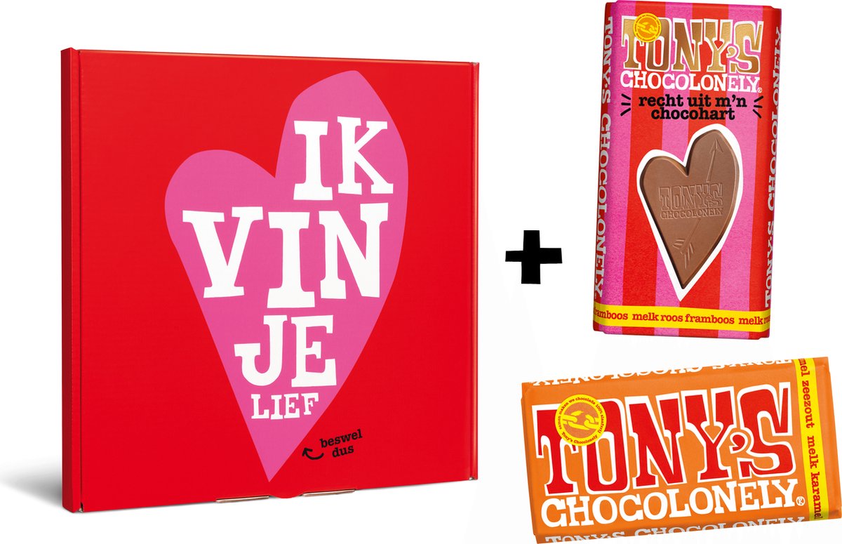 Tony's Chocolonely Ik vind je Lief! - Moederdag Cadeautje voor Mama - Moederdag Geschenkset met 2 Smaakvolle Kadootjes - Melk Chocolade met Framboos en Karamel Zeezout - 360 Gram