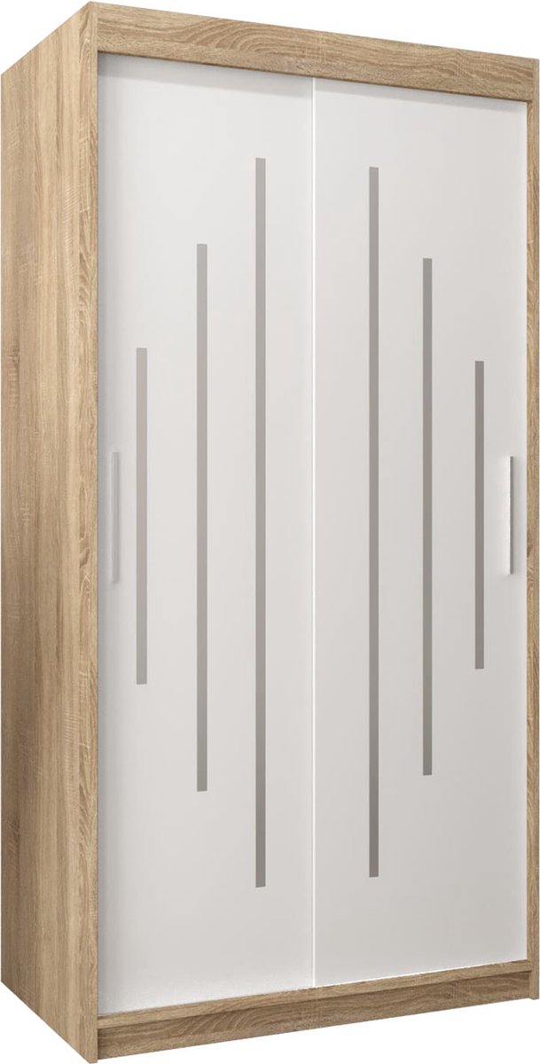 InspireME Kledingkast met 2 schuifdeuren, Modern-stijl, Een kledingkast met planken (BxHxD): 100x200x62 - MALTESE 100 Sonoma Eik + Wit Mat
