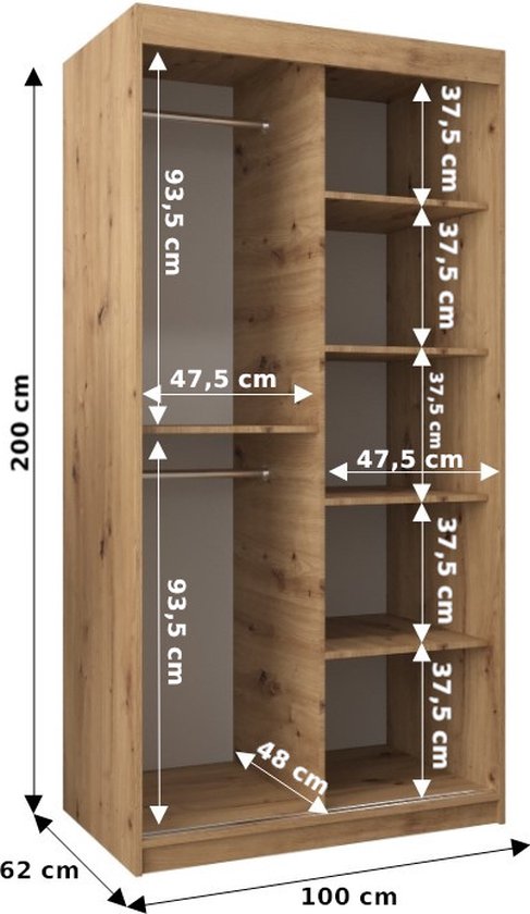 InspireMe - Armoire à 2 portes coulissantes, Style moderne, Une armoire avec des étagères et un miroir (LxHxP): 100x200x62 - MALTESE II 100 Zwart Mat