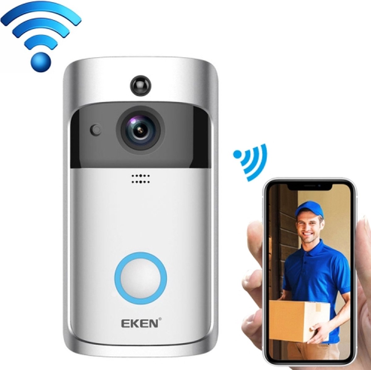 EKEN V5 Slimme telefoongesprek Visuele opname Videodeurbel Nachtzicht Draadloze WiFi-beveiliging Home Monitor Intercom Deurbel, standaard (zilver)