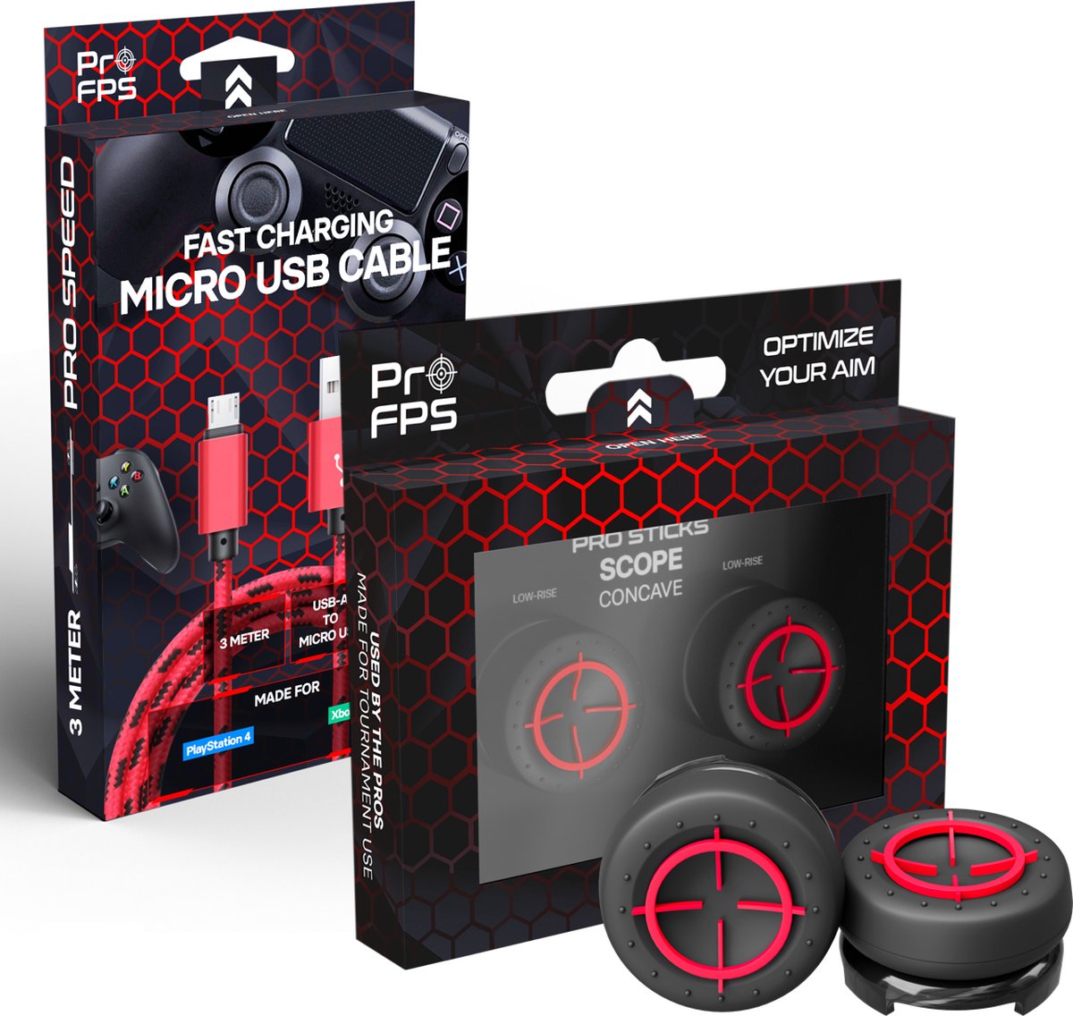 ProFPS Duo Pack geschikt voor PlayStation 4 (PS4) Controller - Thumbsticks Concave + Micro USB Oplader - eSports Gaming Accessoires