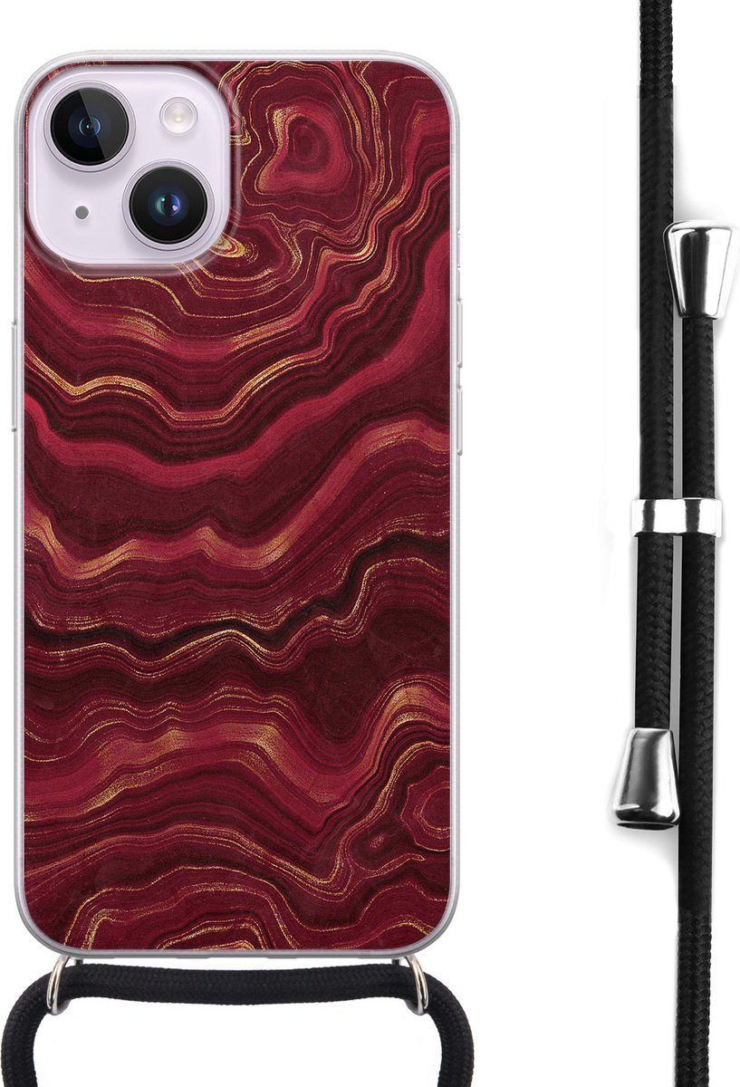 Hoesje met koord - Geschikt voor iPhone 14 - Marmer rood agate - Verstelbaar zwart koord - Transparant - Marmer - Leuke Telefoonhoesjes