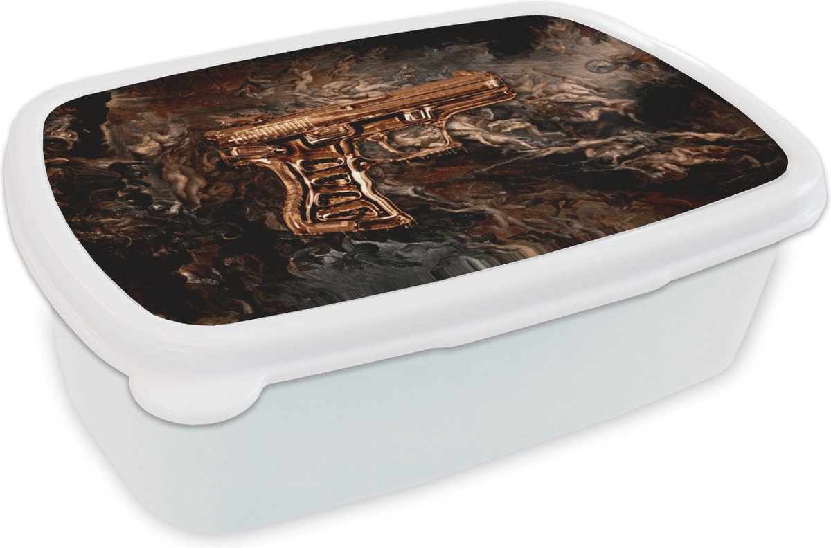 Broodtrommel Wit - Lunchbox - Brooddoos - Pistool - Goud - Zwart - 18x12x6 cm - Volwassenen