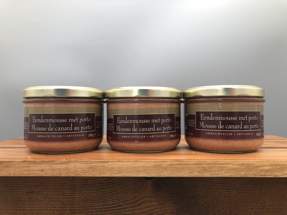 Eendenmousse met Porto - 3 x 180g - De Veurn' Ambachtse - set van 3 bokaaltjes van 180 g - Arstisanale eendeleverpaté, ideaal aperitiefhapje op rustiek gegrild brood.