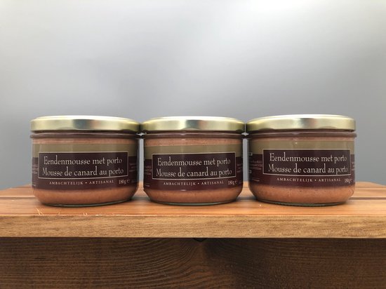 Eendenmousse met Porto - 3 x 180g - De Veurn' Ambachtse - set van 3 bokaaltjes van 180 g - Arstisanale eendeleverpaté, ideaal aperitiefhapje op rustiek gegrild brood.