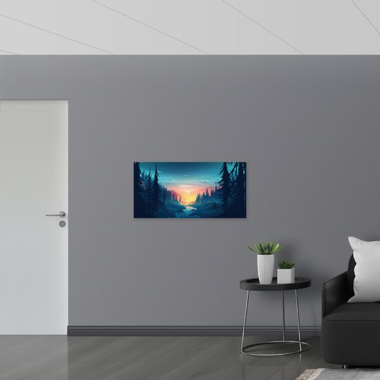WallClassics - Poster Glossy - Coucher de soleil dessiné entre les Arbres - 100x50 cm Photo sur Papier Poster avec Finition Brillante