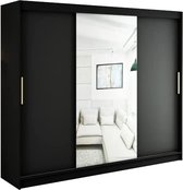 InspireMe - Kledingkast met 3 schuifdeuren, Modern-stijl, Een kledingkast met planken en een spiegel (BxHxD): 250x200x62 - KAIR T1 250 Zwart Mat + Gouden