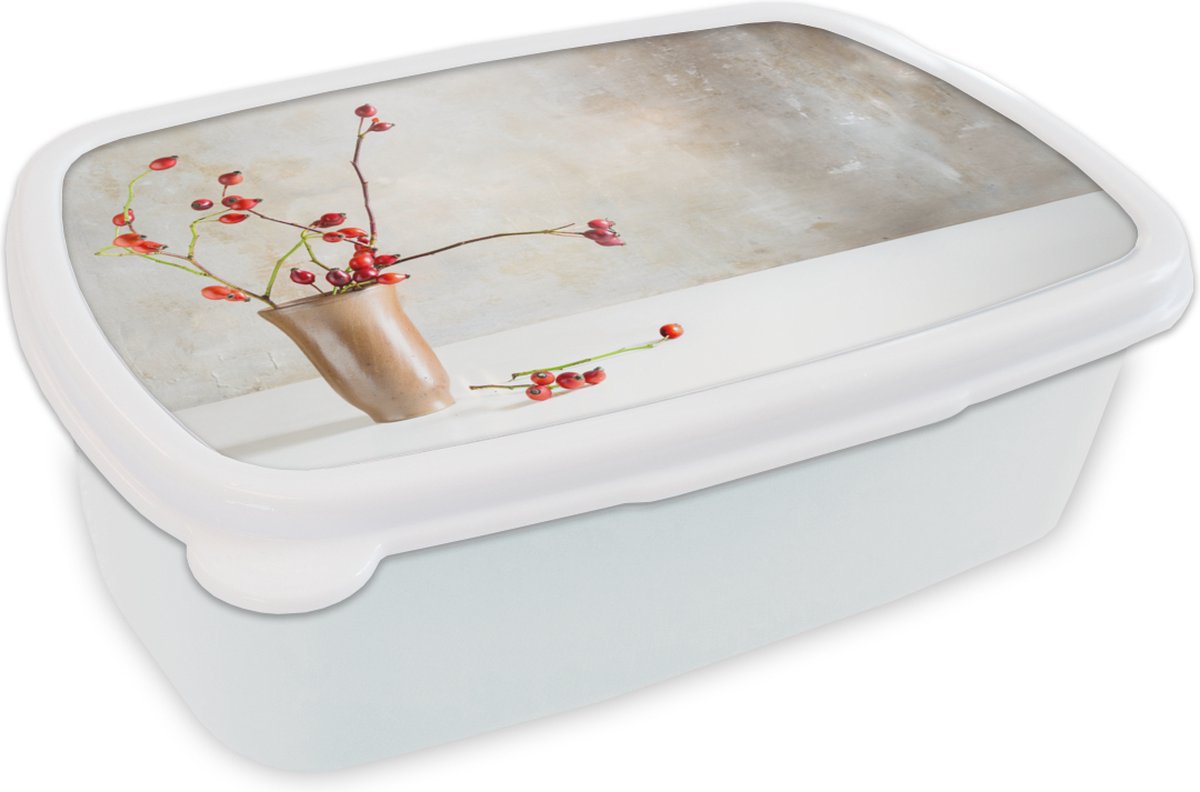 Broodtrommel Wit - Lunchbox - Brooddoos - Rozenbottel - Stilleven - Rood - 18x12x6 cm - Volwassenen