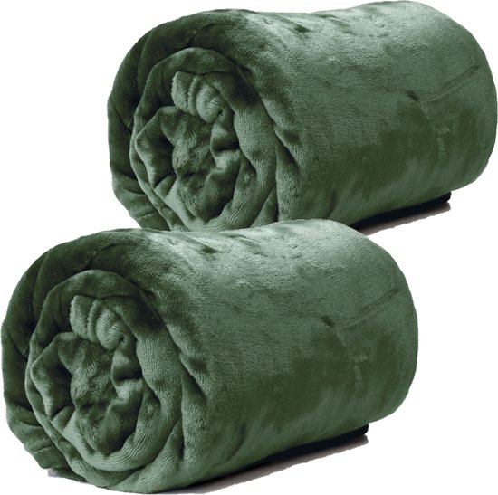 Plaids/dekens - fleece - 2 stuks - pesto groen - polyester - 130 x 180 cm