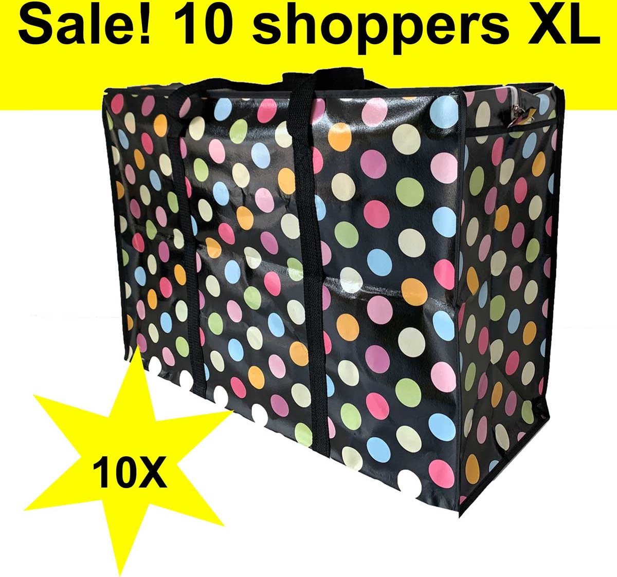 Big Shoppers Met Rits XL 10 Stuks 70 X 50 Cm Stippen Zwart Set Big Shoppers Met Rits XL 10 Stuks 70 X 50 Cm Stippen Zwart Set