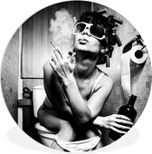 Cercle Mural - Cercle Mural Intérieur - Femme - Boisson - Zwart - Wit - Noir et Blanc - ⌀ 60 cm - Décoration murale - Peintures Ronds