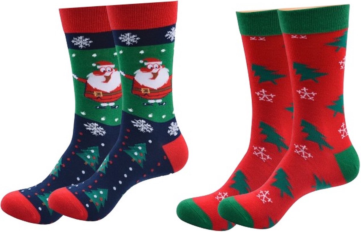 ASTRADAVI Christmas Socks - Sokken - 2 Paar Kerstsokken - Premium Katoenen Normale Sokken - 40/46 - Rood, Marineblauw, Groen - Kerstcadeau Idee