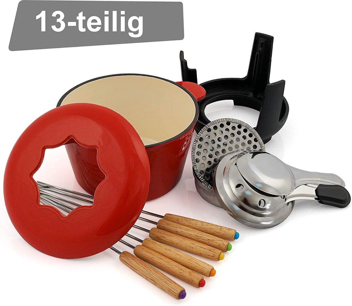 BBQ-Toro Gietijzeren fondueset voor 6 personen, 2 liter, fondueset 9-delig met brander en vorken