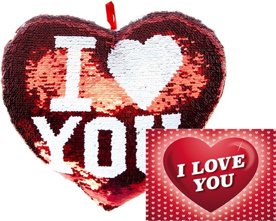 I Love You Set - Pailletten hartjes kussen met ansichtkaart - Metallic/Rood - 35cm