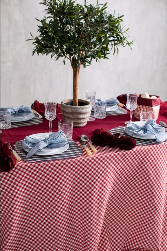 Geruit Tafelloper Kleine ruit rood 45 x 145 (Strijkvrij) - boerenbont - picknick - brabantsbont - traditioneel - vintage - Bamar
