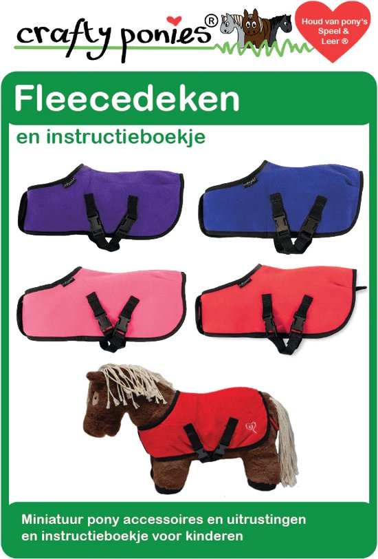 Verpakking met een bruine pony met rood deken, en losse blauwe, paarse, roze en rode fleecedekens.