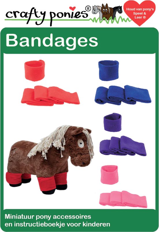 Verpakking met bruine pony, rode bandages, en losse rode, blauwe, paarse en roze bandages.