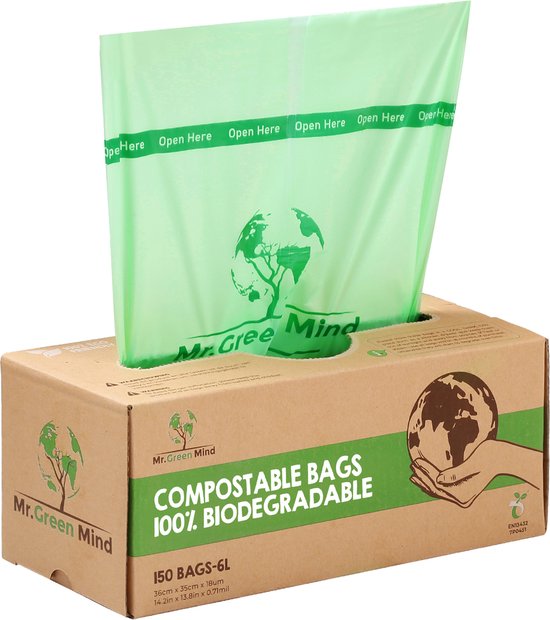 Biozakken 6 liter 150 stuks biologisch afbreekbare afvalzakken – 35 x 36 cm - 100% composteerbare vuilniszakken - Incl. dispenser - gft afvalzakken