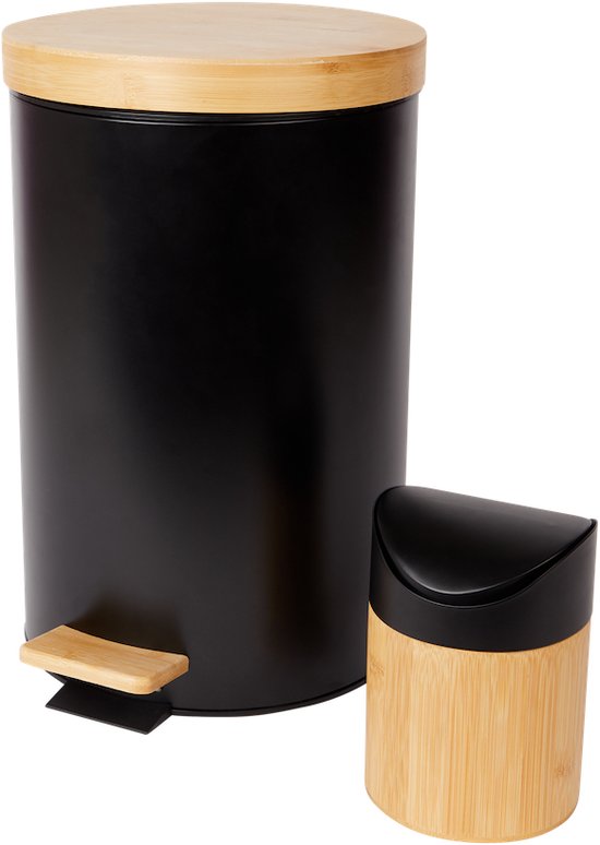 Premium Bamboe Prullenbak & Tafelafvalbakje - 2 Delig - Zwart & Bruin - 13 Liter