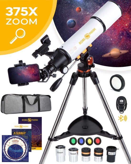 RP® Telescoop 375x Zoom incl 4 lenzen en Filterset - Sterrenkijker Volwassenen / Gevorderden - Verstelbaar Statief - Afstandsbediening, Planisfeer, Leerboek en Smartphone Adapter + Poster - Wit
