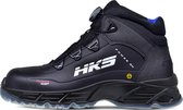 Zwarte HKS werkschoen met BOA sluiting, witte 'HKS POWER ON' logo, rode 'POWER GRIP' tekst, blauw accent.