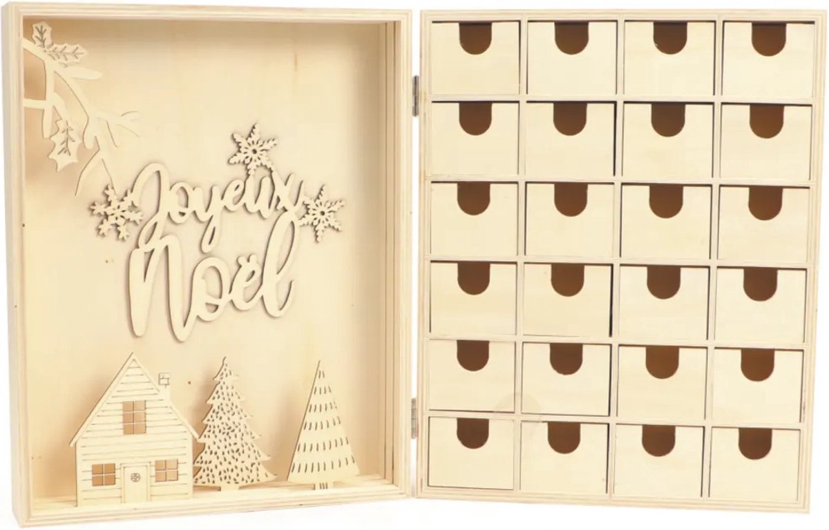 Graine Creative houten adventskalender kerst 24 lades 3D figuren.