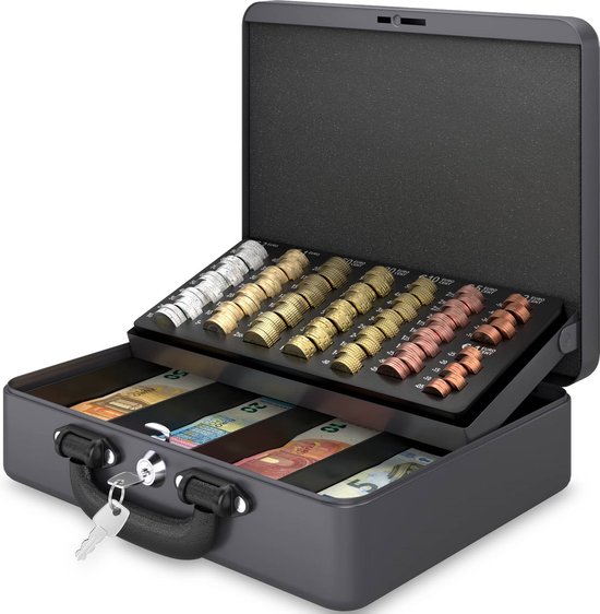ACROPAQ Geldkistje - Premium, Geldkist met sleutel, 30 x 25 x 9 cm - Geldkluis met muntsorteerder, Geldlade - Grijs