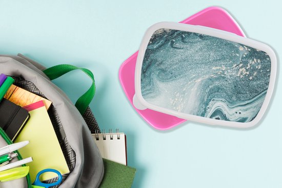 Broodtrommel Roze - Lunchbox - Brooddoos - Marmer look - Blauw - Luxe - 18x12x6 cm - Kinderen - Meisje