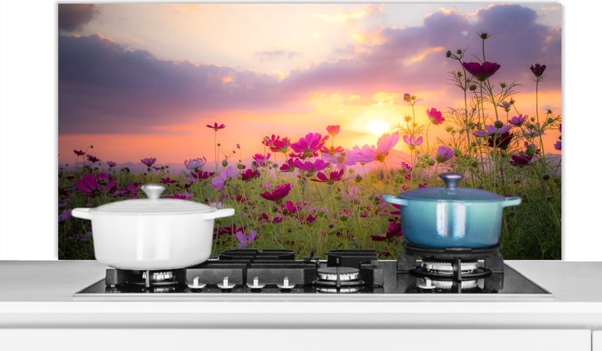Spatscherm keuken 120x60 cm - Kookplaat achterwand Zonsondergang - Bloemen - Roze - Natuur - Groen - Muurbeschermer - Spatwand fornuis - Hoogwaardig aluminium
