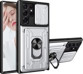 Hoesje Geschikt Voor Samsung Galaxy S22 Ultra hoesje met pashouder - camera bescherming cover en ring houder – Zilver – oTronica