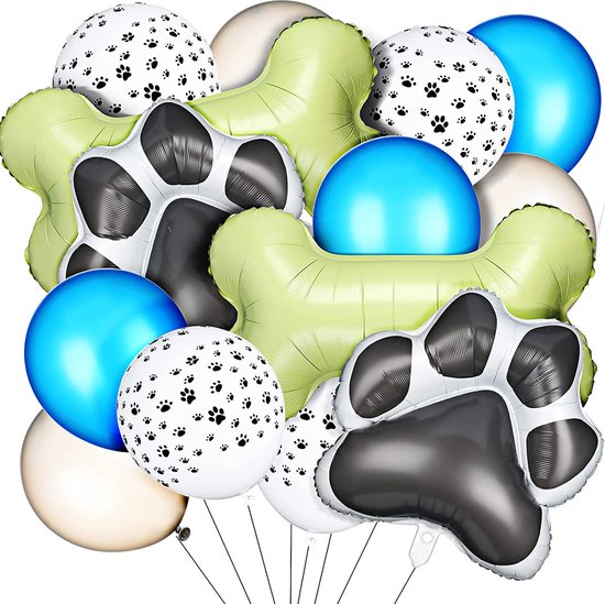 14-delige Honden ballonnen set blauw wit zwart - hond - ballon - honden bot - honden poot - huisdier