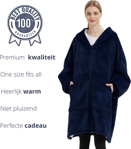 Q-Living Hoodie Deken - Snuggie - Plaid Met Mouwen - Snuggle Hoodie - Fleece Deken Met Mouwen - 1450 gram - Navy Blauw Met Rits