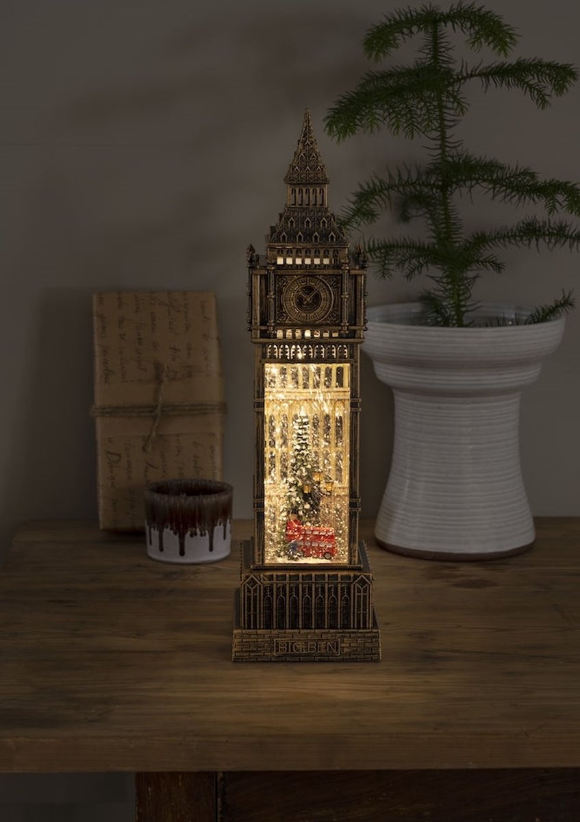 Kerstlantaarn voor binnen – Big Ben met bus en kerstboom - Warm wit – 38cm - Sneeuwlantaarn - Kerstverlichting op USB & batterijen incl. Timer – foto 7