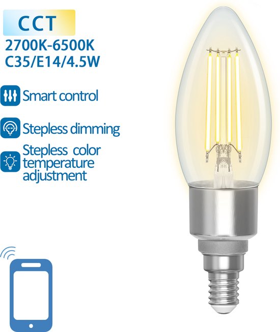 Lampe bougie E14 4.5W WiFi + Bluetooth CCT 2700K-6500K, Lampe intelligente  C35 