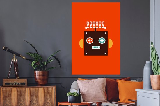 Muursticker enfants - Décoration chambre - Robot - Formes - Visage - Oranje - Garçons - Enfants - 80x120 cm - Muursticker chambre d'enfant - Papier peint autocollant - Film autocollant