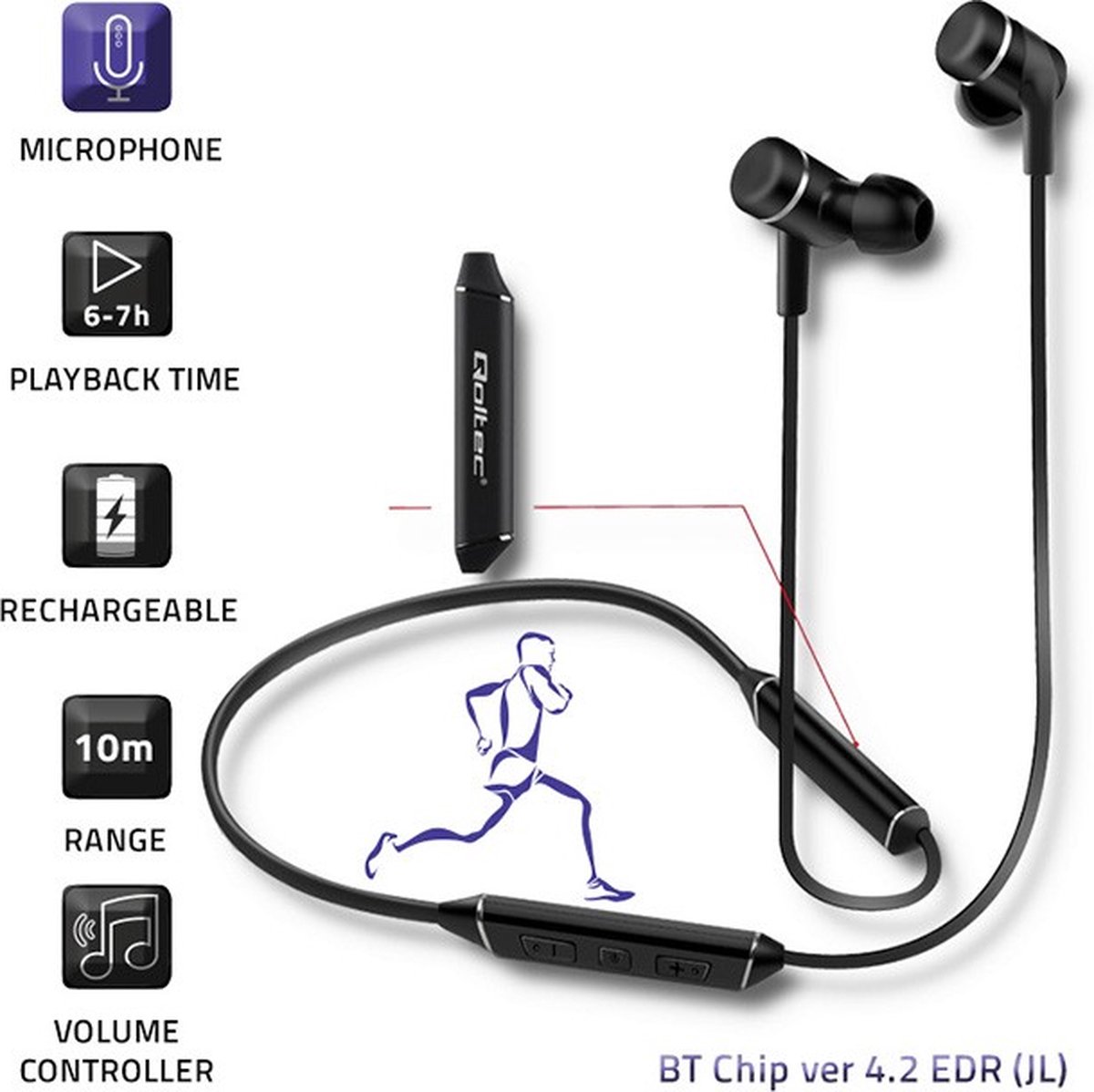 Qoltec Sports in-ear hoofdtelefoon draadloos BT premium met microfoon | Magnetisch | Lang leven | Zwart.