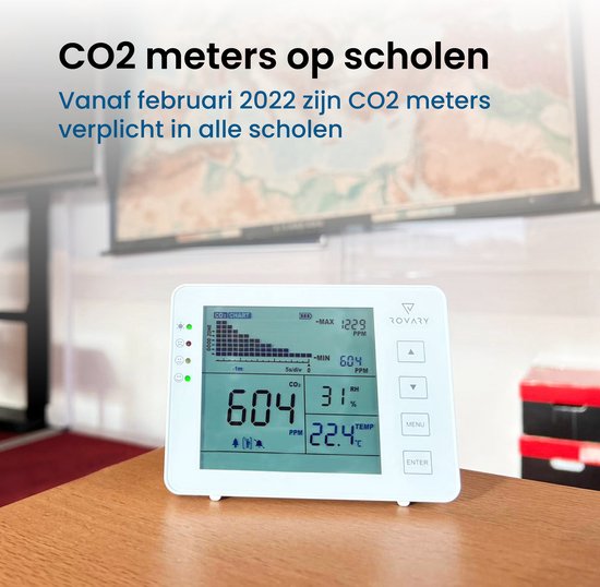 Rovary RV2000P CO2 meter & Hygrometer - CO2 melder en monitor binnen - Inclusief E-book - Luchtkwaliteitsmeter – draagbaar en oplaadbaar – met alarm - Rovary
