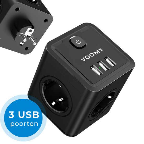 Voomy Cube Multi-plug 7-Way - Séparateur de prises - 3 Portes USB - Prise -  Zwart | bol