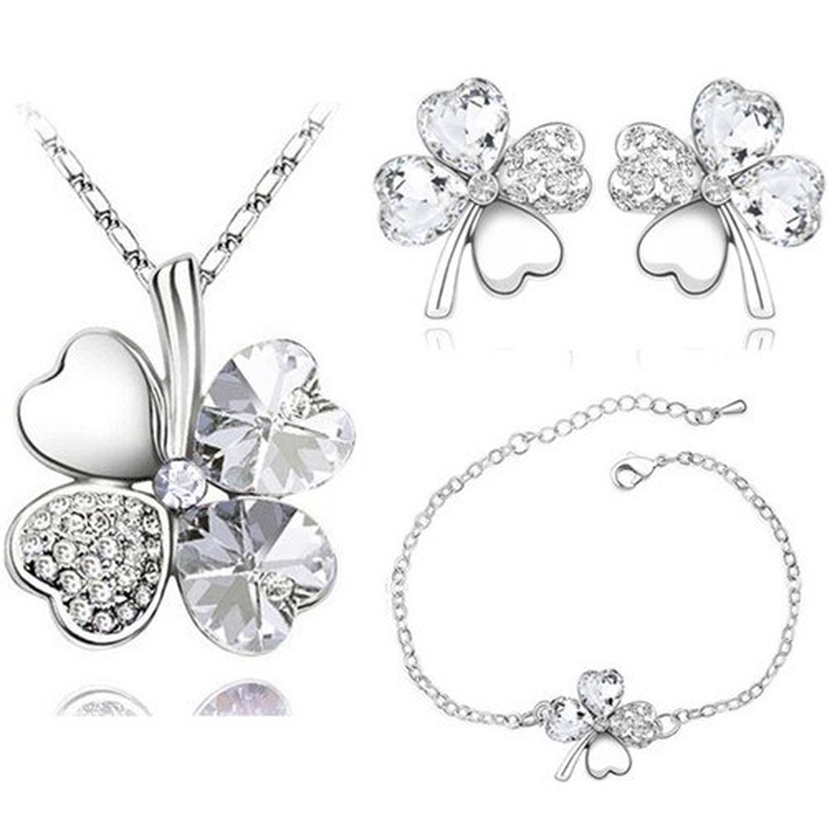 Fler® | Dames Sieraden Geschenkset Compleet | Klavertje Vier Hartvormig Zilver & Wit | Ketting met Hanger | Armband | Oorbellen | Valentijnsdag kado | Kerst cadeau | Zilverkleurig