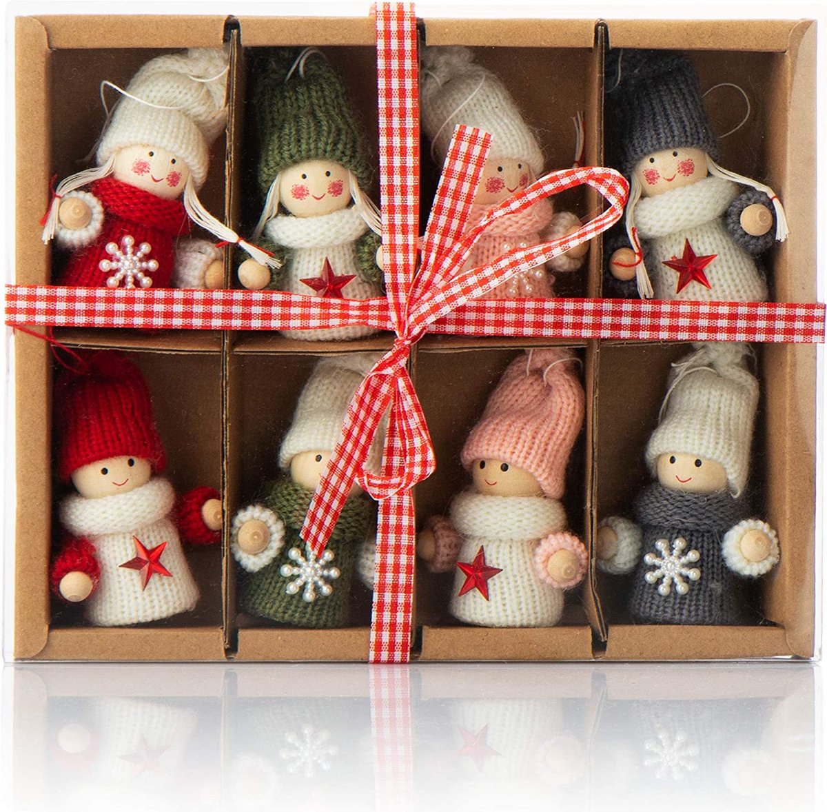 COM-FOUR® 8x premium pixie-hangers voor in de kerstboom, betoverende kerstboomfiguurtjes-hangers als boomhangers, kerstversieringen of cadeaulabels (Ontwerp 08 - rood + roze + grijs)