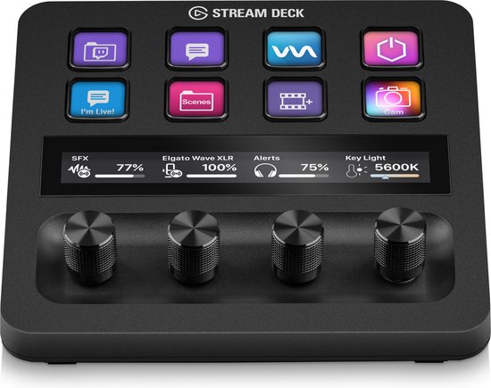 Zwart Stream Deck+ met paarse en blauwe toetsen, LCD-scherm en draaiknoppen.