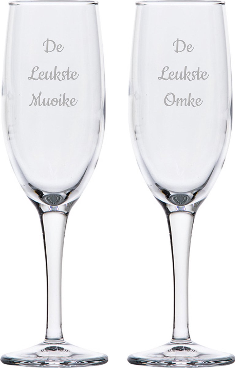 Gegraveerde Champagneglas 16,5cl De Leukste Muoike-De Leukste Omke