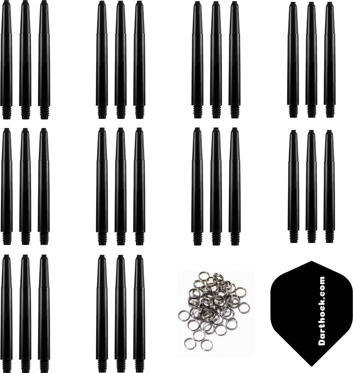 Darthoek zwarte dart shafts| 10 sets (30 stuks) |Short | + 10 sets (30 stuks) veerringen + 1 set darthoek flights